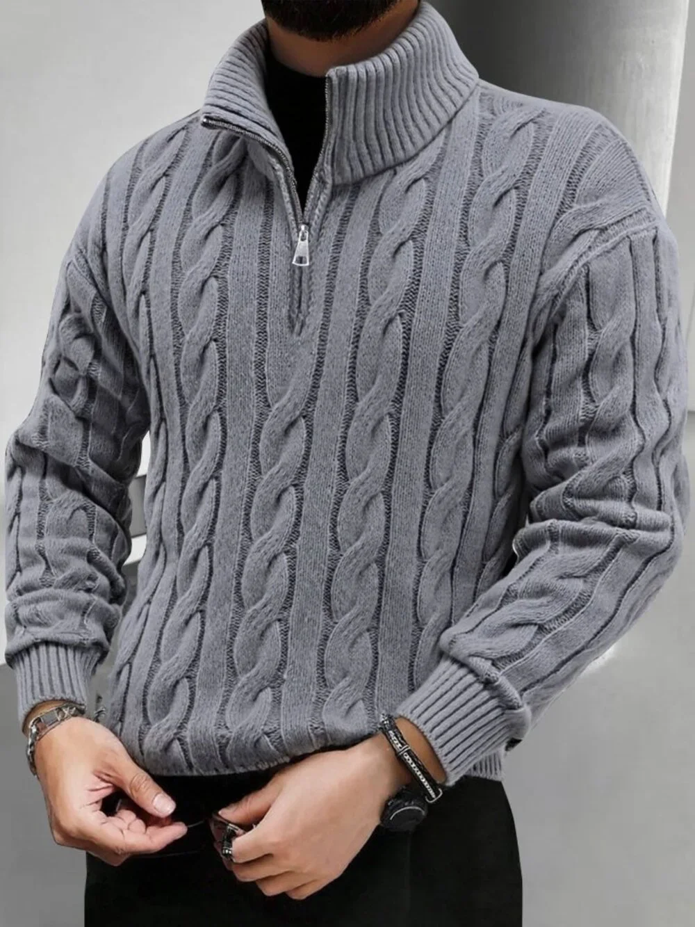 Grey Regular Fit Men's Rib-Knit Half-Zip Knit Polo Sweater